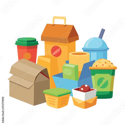 Fast food packaging set illustration with paper boxes, cardboard containers, juice carton, and takeaway cups with straws, colorful vector design on white background