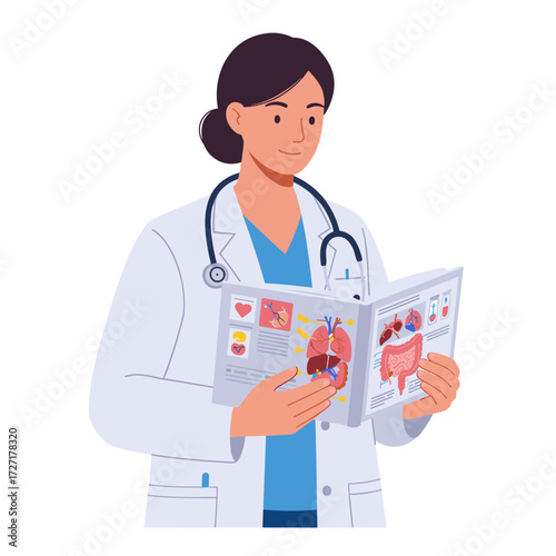 Medical Professional Reading Health Guide, Office Setting, Illustration, Educational Content, Informative Environment