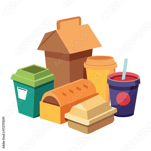 Fast food packaging set illustration with paper boxes, cardboard containers, juice carton, and takeaway cups with straws, colorful vector design on white background