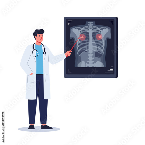 Medical Presentation, Doctor Explaining X-ray, Clinic, Illustration, Professional Environment, Close-Up View, Health Awareness