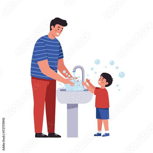 Father and Son Enjoying Soap Bubbles While Washing Hands at Home, Family Bonding, Cleanliness Concept