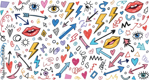Vector art of abstract doodle pattern with eyes, lips, hearts, lightning bolt, arrows, swirls, diamonds, squares