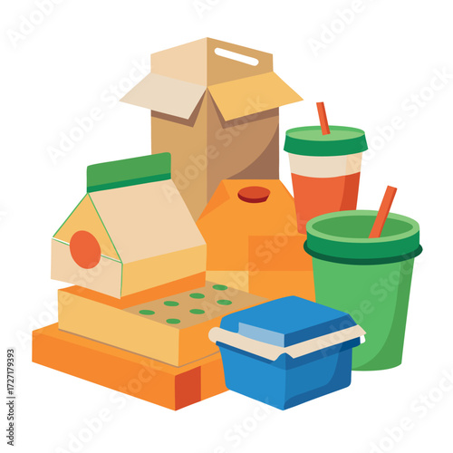 Fast food packaging set illustration with paper boxes, cardboard containers, juice carton, and takeaway cups with straws, colorful vector design on white background