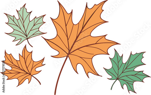 Vector art of four colorful maple leaves, two orange and two green