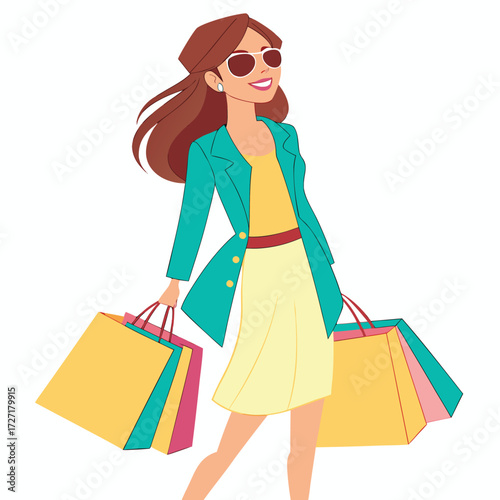 Vector art of stylish woman with shopping bags