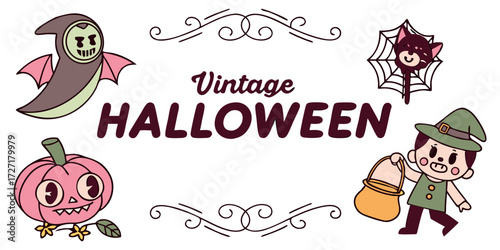 Eerie vintage Halloween characters for spooky season designs, playful cartoon ghost, pumpkin, witch and cat for festive projects