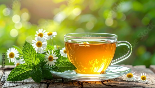 Tea cup with chamomile and mint