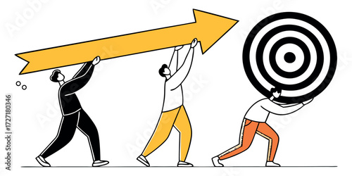 Teamwork achieving goals, three people collaborating together to reach target, success concept in business, teamwork, strategy, progress