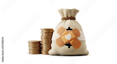 Financial bag with bandages, symbol of financial recovery. 