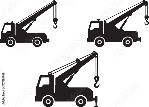Three different tow truck and crane vehicle silhouettes silhouette