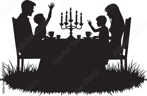 Family silhouette at dining table with candelabra and cups