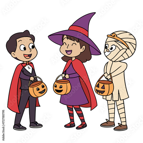 Cute Kids in Halloween Costumes Cartoon Illustration