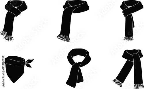 Scarf silhouette collection, fashion accessory styles, winter clothing illustration, headwear bandana design, neckwear draping vector, trendy outfit element, apparel decoration