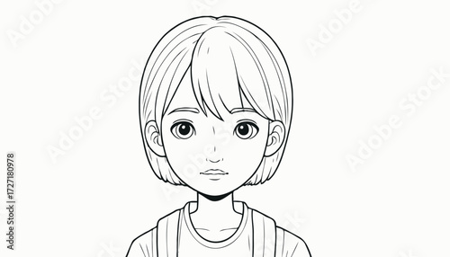 A clean line art illustration of a young girl with short hair and a backpack. Perfect for school, education, youth, and everyday life themes, conveying calm curiosity and gentle confidence.