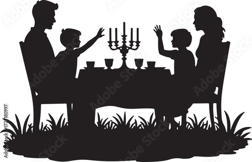 Family silhouette at dining table with candelabra and grass