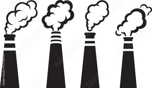Four industrial factory chimneys emitting smoke in a silhouette style