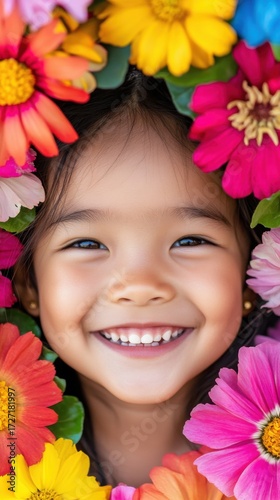 Smiling child portrait with vivid flowers, natural beauty glowing in sunlight, sharp details highlighting innocence and joy.