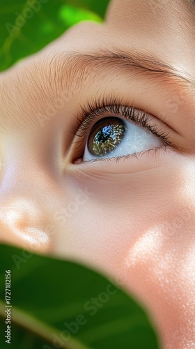 Joyful child portrait in green forest, soft light on face, blurred leaves in dreamy bokeh, natural atmosphere captured in sharp clarity.