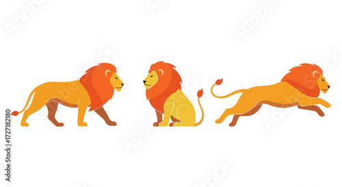 Majestic lions depicted in various poses, showcasing their power and grace.