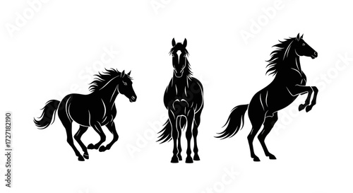 Dynamic black horse silhouettes in motion and rearing poses against a clean white background.