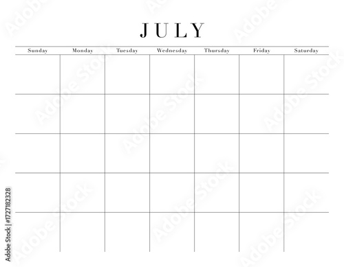 Blank July Month Customizable Calendar Grid, transparent background