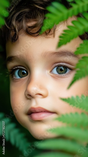 Close-up of a child in a green forest, soft sunlight on the face, dreamy bokeh background, natural innocence with ultra-clear details.