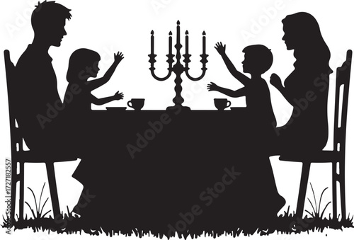 Family silhouette at dining table with candelabra vector