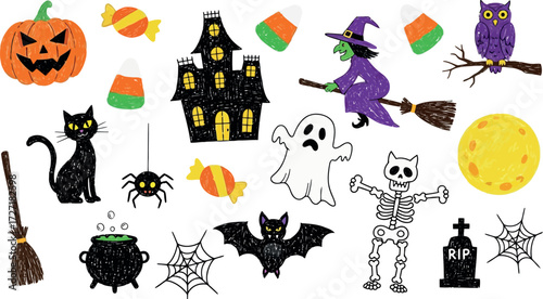Vector art of halloween themed handdrawn doodles including a pumpkin, witch, ghost, and haunted house