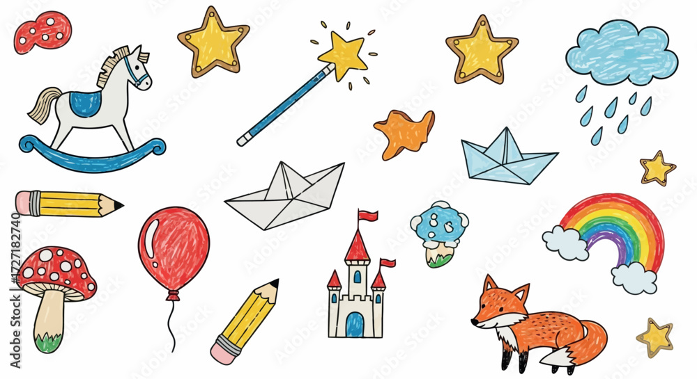 Φωτογραφία Vector art of set of handdrawn cartoon doodles featuring a rocking horse, stars,