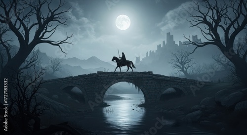Mysterious knight on horseback crosses an ancient stone bridge under a full moon