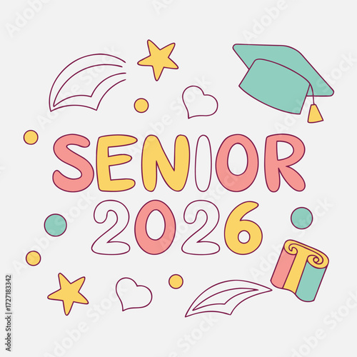 Vector art of senior 2026 graduation cap and diploma with stars and hearts, celebrating academic achievement and future success