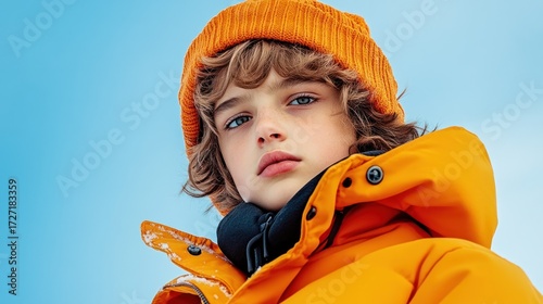 Boy in orange winter jacket close up portrait outdoors