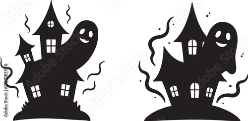 Two spooky haunted houses with ghosts and smoke silhouette