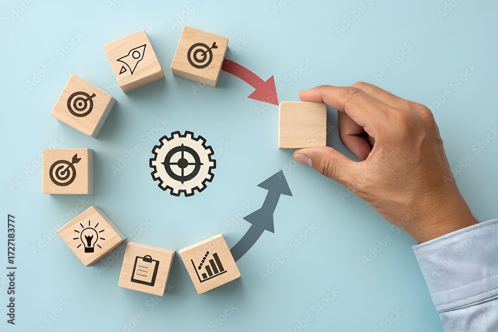 Obraz premium Continuous Strategy Cycle – Planning, Execution, and Innovation Visualization, Abstract, Lifestyle, Creativity, Process Icons and Circular Workflow