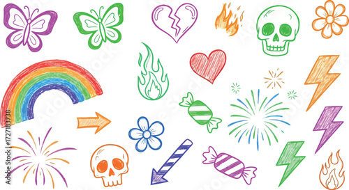 Wallpaper Mural Vector art of collection of colorful handdrawn doodle icons including butterflies, hearts, lightning, and rainbows Torontodigital.ca