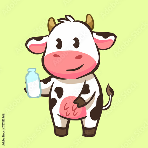 A charming and cheerful cartoon illustration of a spotted cow holding a small bottle of milk. This image is perfect for themes related to dairy, fresh milk, farming, children's nutrition, and healthy 