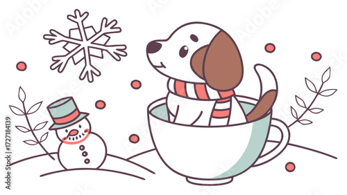 A Loving Dog with sitting in a teacup ride in a Winter theme – Winter Wonderland palette SVG illustration