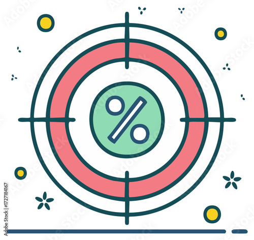 Hand drawn style percentage symbol on bullseye target icon for business success and sales promotion
