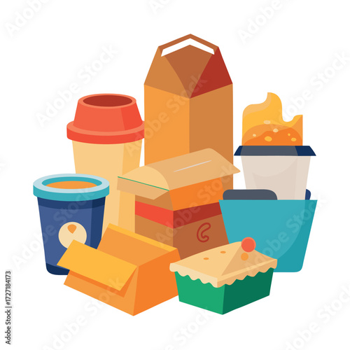 Fast food packaging set illustration with paper boxes, cardboard containers, juice carton, and takeaway cups with straws, colorful vector design on white background
