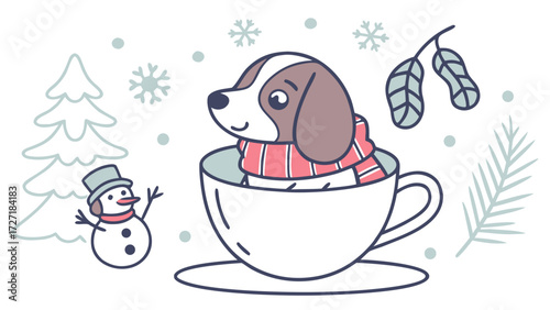 A Bashful Dog with in a teacup in a Winter theme – Winter Wonderland palette SVG illustration