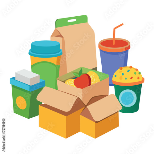 Fast food packaging set illustration with paper boxes, cardboard containers, juice carton, and takeaway cups with straws, colorful vector design on white background
