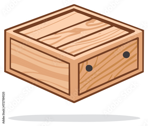 Simple wooden crate with slatted top and front view in isometric perspective
