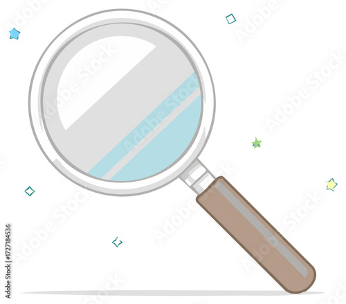 Cartoon Magnifying Glass with Stars and Squares for Discovery and Exploration Concept