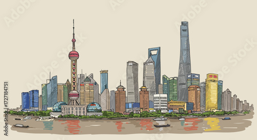 Shanghai Skyline Illustration - A Hand-Drawn Panoramic View