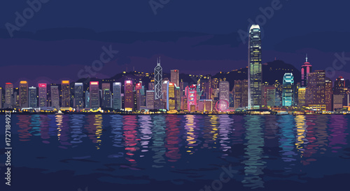 Vibrant futuristic metropolis skyline with colorful glowing neon lights and reflections