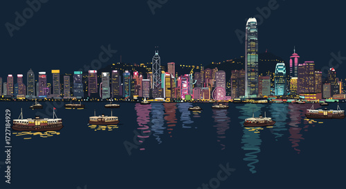 Stylized Urban Night Scene Towering Buildings Aglow with Neon Reflections on the Harbor