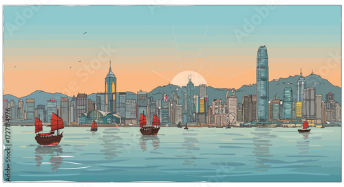 Hong Kong Harbor at Sunset A Scenic View of the City