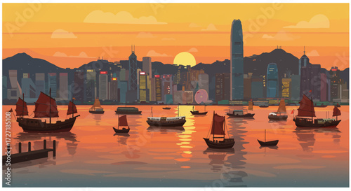 Vibrant Sunset over Iconic Harbor City Skyline, Captured in Beautiful Stylized Illustration