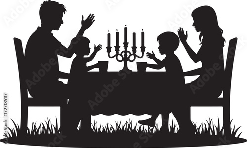 Family silhouette at dinner table with candelabra vector