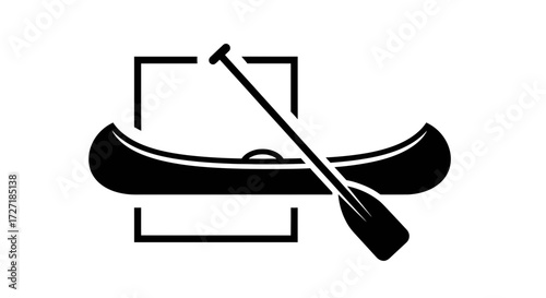 Simple black silhouette of a canoe with a paddle crossed over it enclosed within a minimalist square frame on a white background